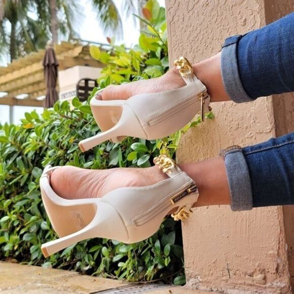 White T Strap Open Toe Ankle Chain Heel - Picture 4 of 6